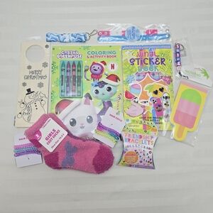 Girls 11pc Stocking Stuffer Bundle Lot Jewelry Craft Socks Coloring Book Etc